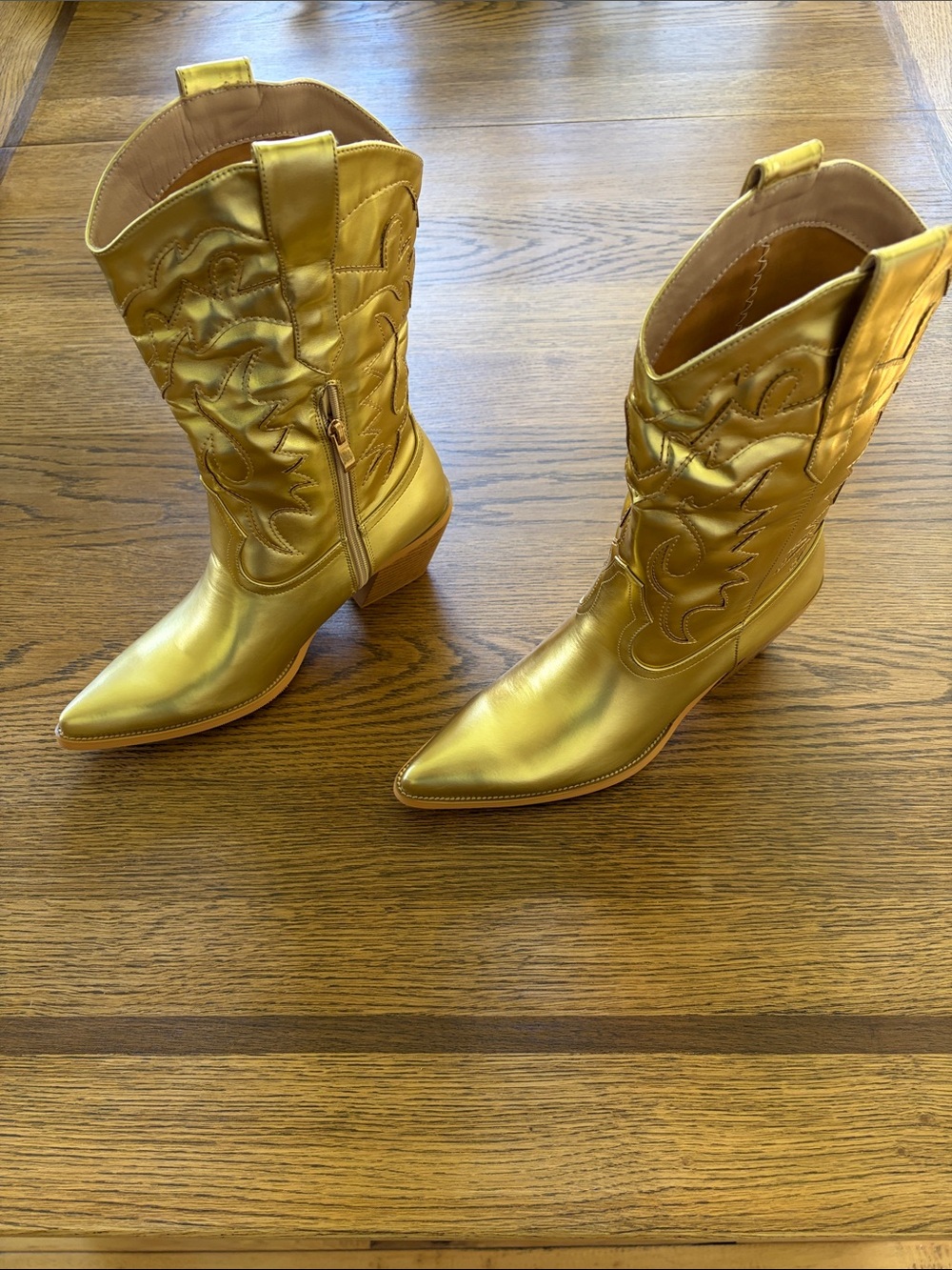Kaistage New Metallic Gold Women's Western Boots - Stylish Pointed-Toe Mid Calf